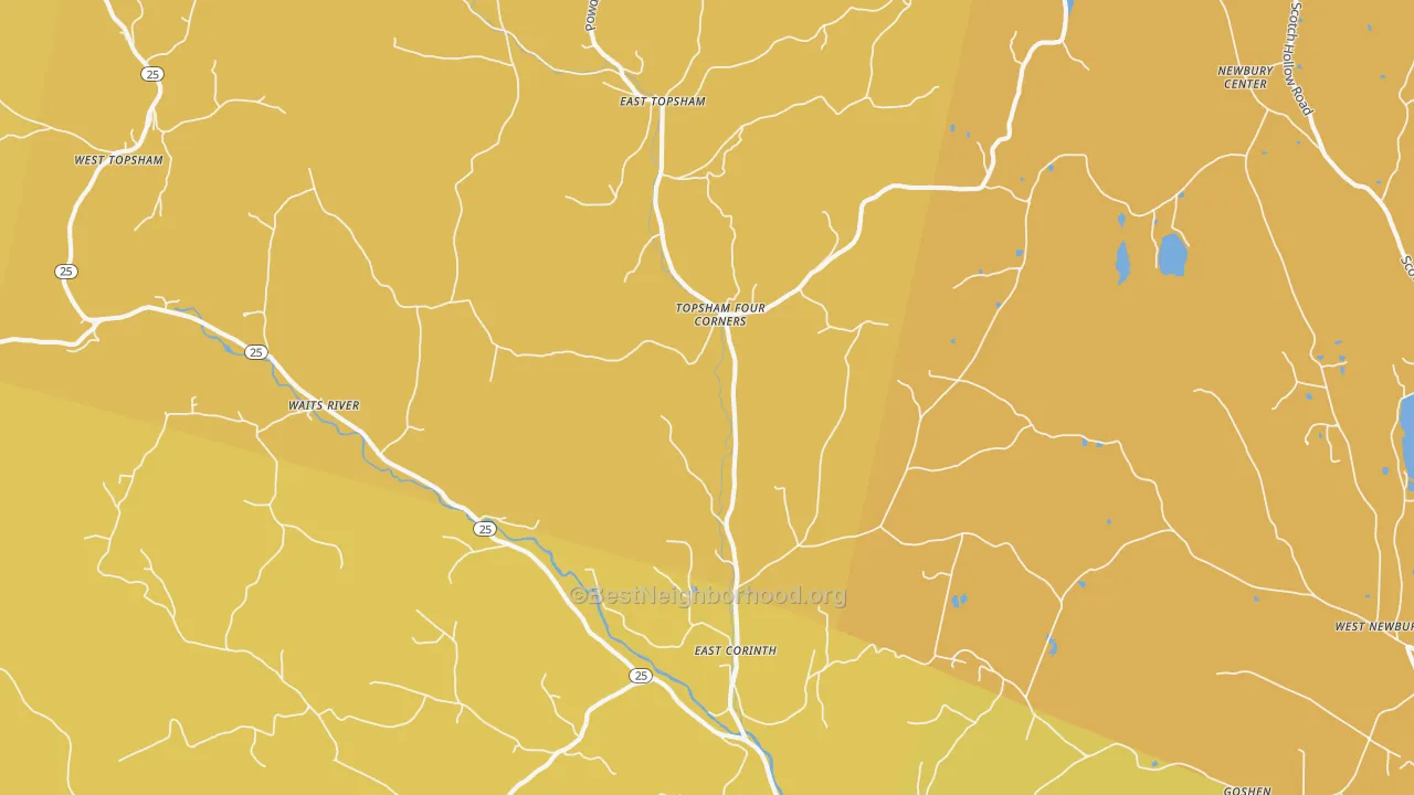 Map of the best neighborhoods in the East Corinth area, with better matches in green and worse matches in red