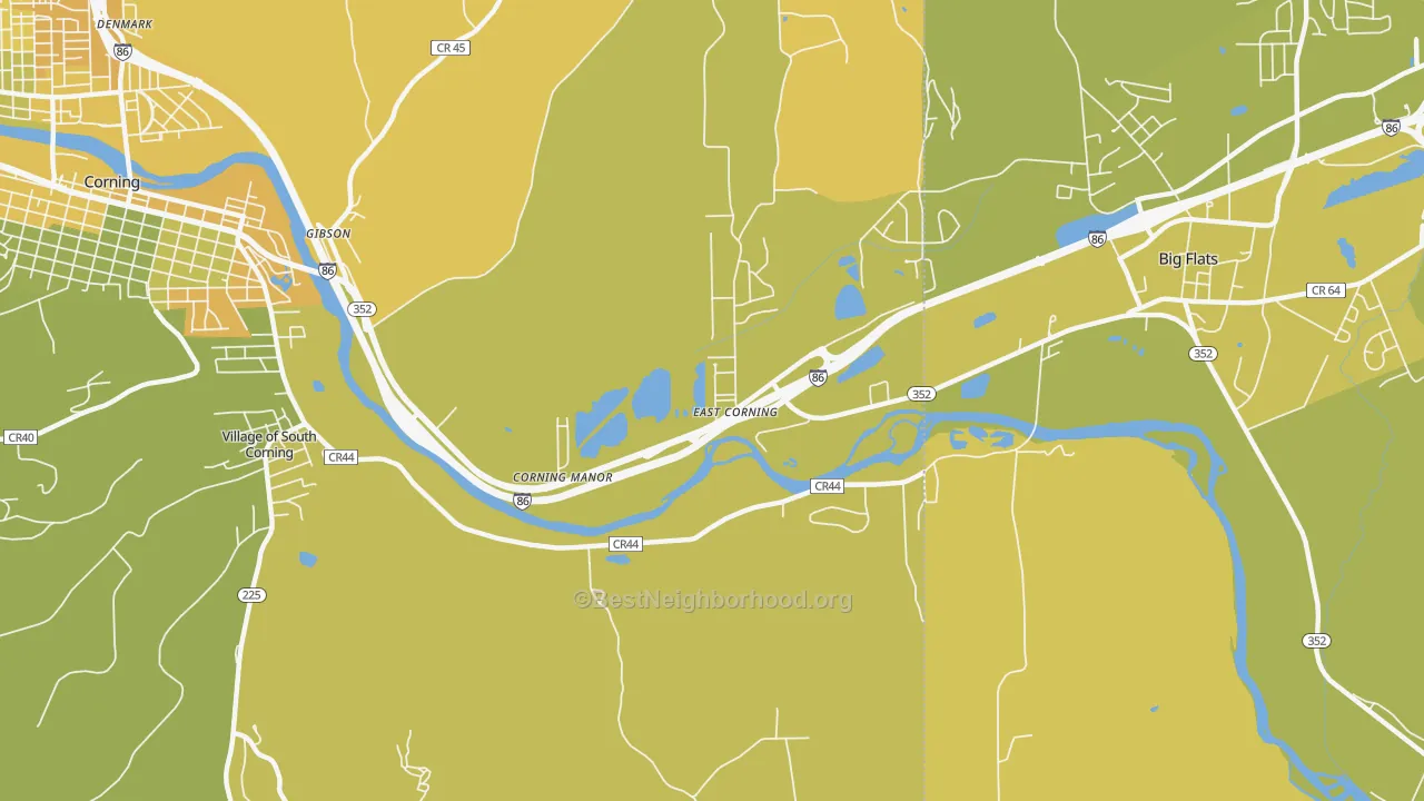 Map of the best neighborhoods in the East Corning area, with better matches in green and worse matches in red