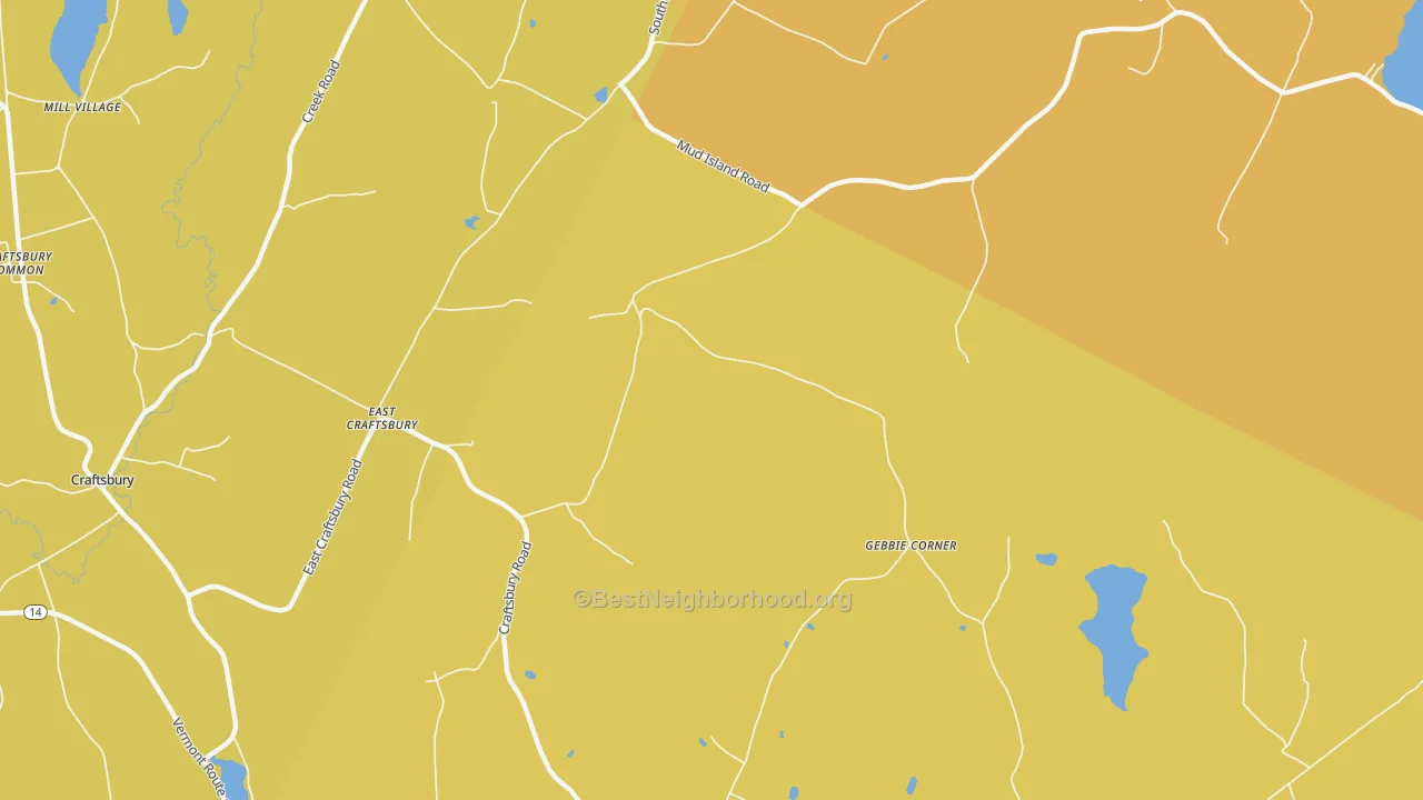 Map of the best neighborhoods in the East Craftsbury area, with better matches in green and worse matches in red