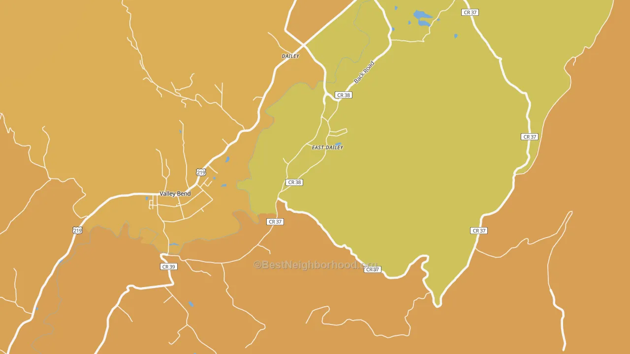 Map of the best neighborhoods in the East Dailey area, with better matches in green and worse matches in red