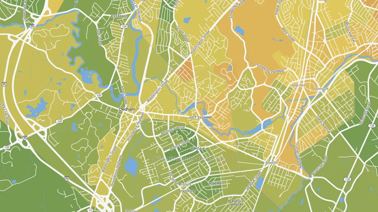 Map of the best neighborhoods in the East Dedham, Dedham area, with better matches in green and worse matches in red