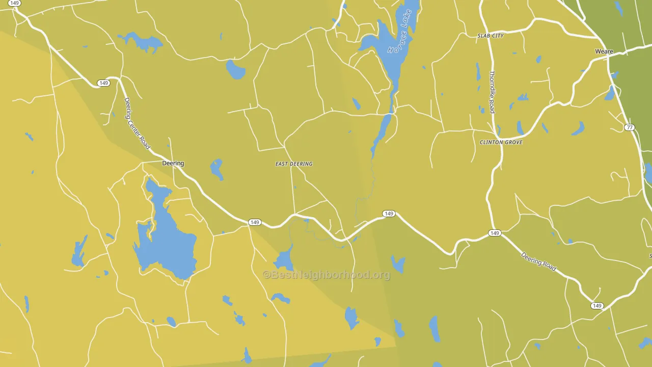 Map of the best neighborhoods in the East Deering area, with better matches in green and worse matches in red