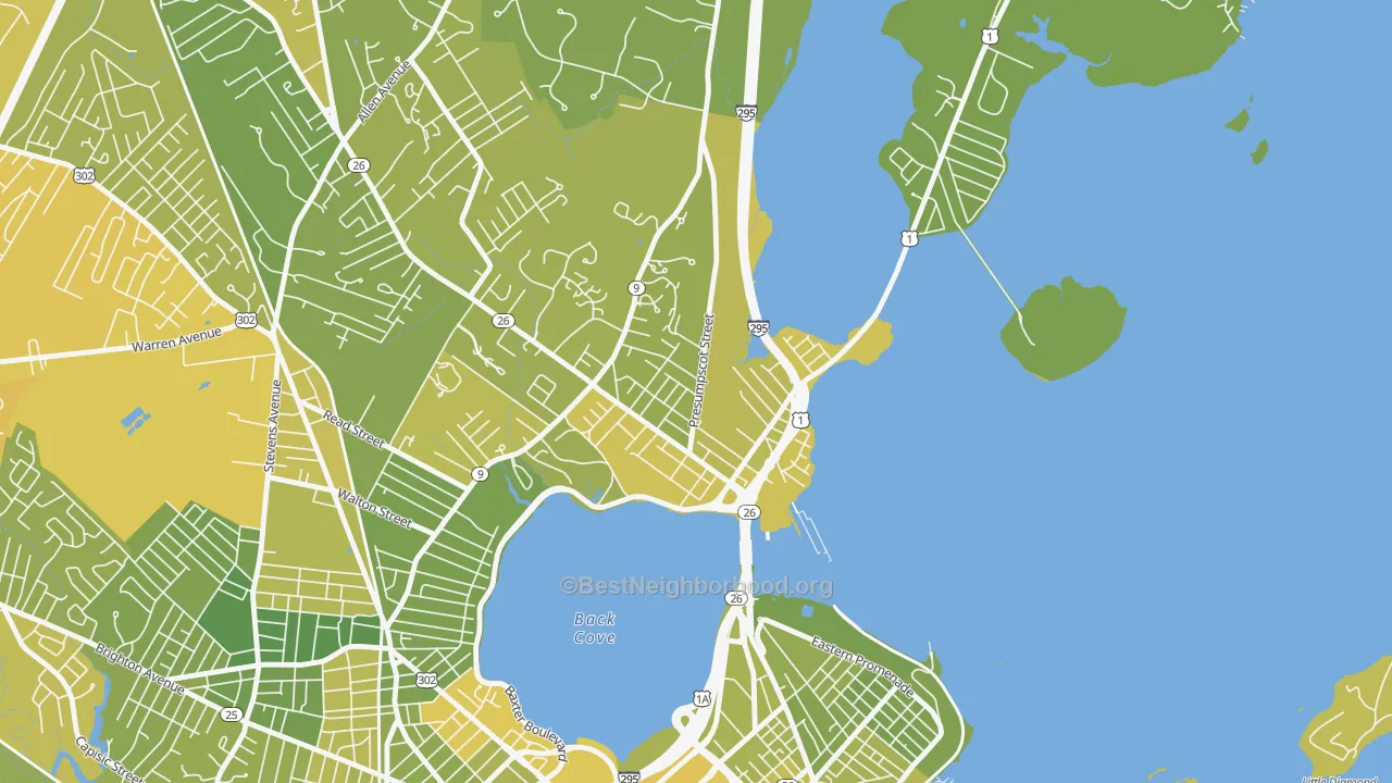 Map of the best neighborhoods in the East Deering, Portland area, with better matches in green and worse matches in red