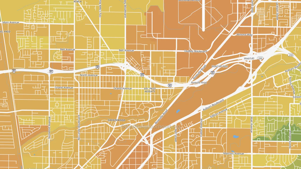 Map of the best neighborhoods in the East del Paso Heights, Sacramento area, with better matches in green and worse matches in red