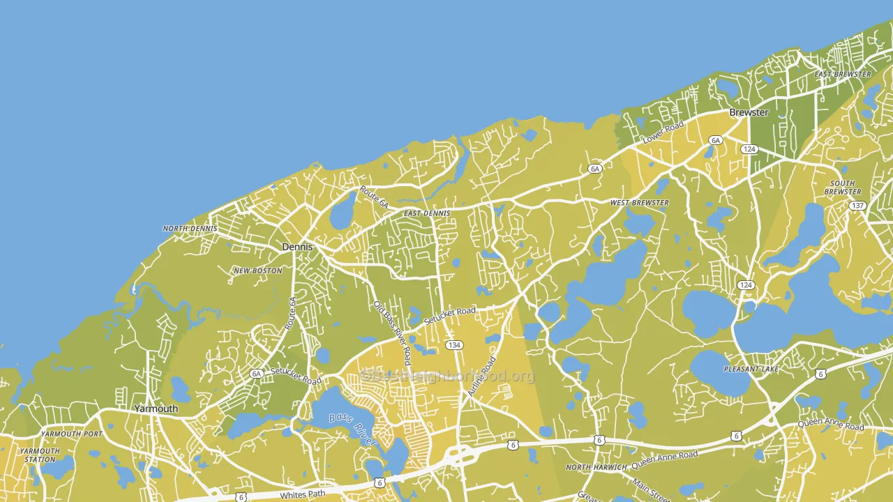 Map of the best neighborhoods in the East Dennis area, with better matches in green and worse matches in red
