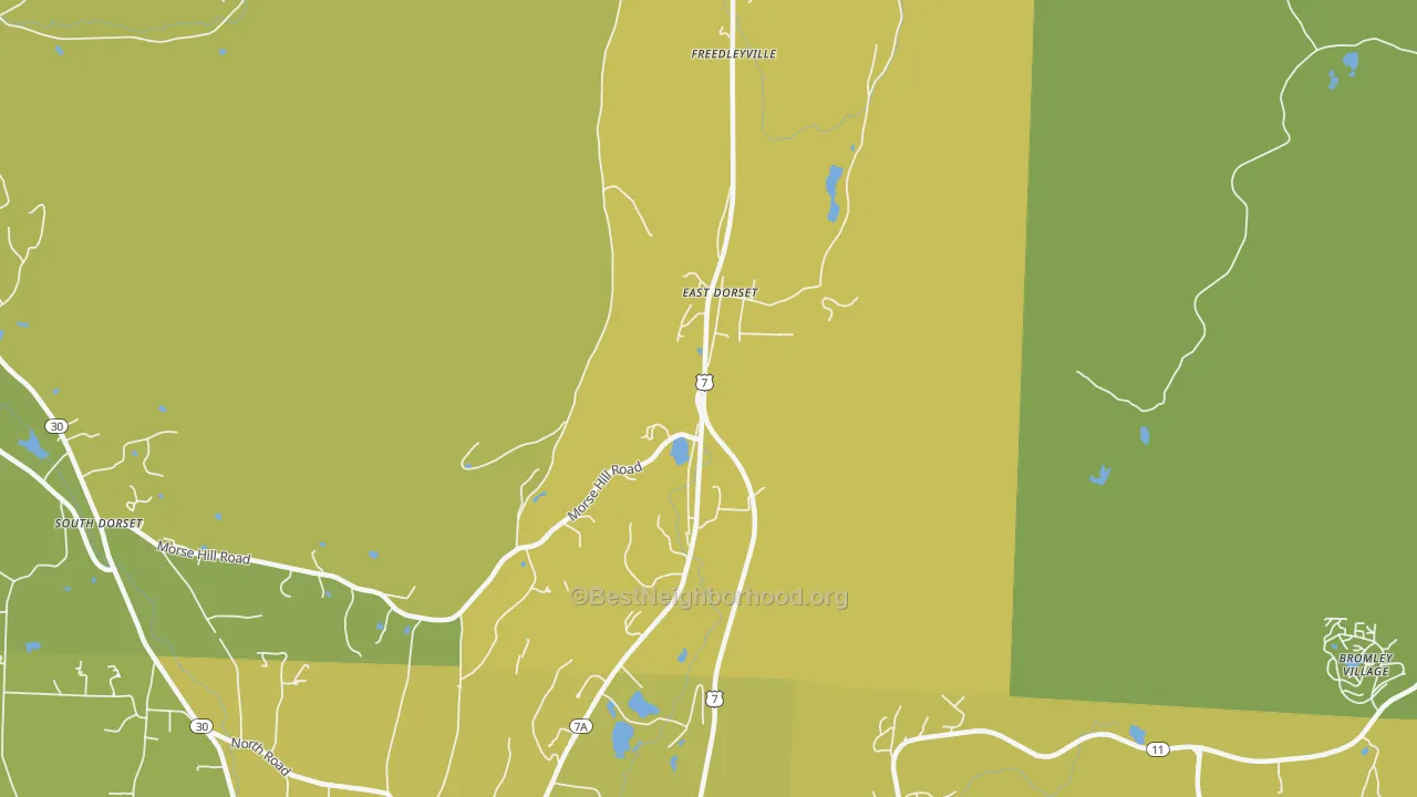 Map of the best neighborhoods in the East Dorset area, with better matches in green and worse matches in red
