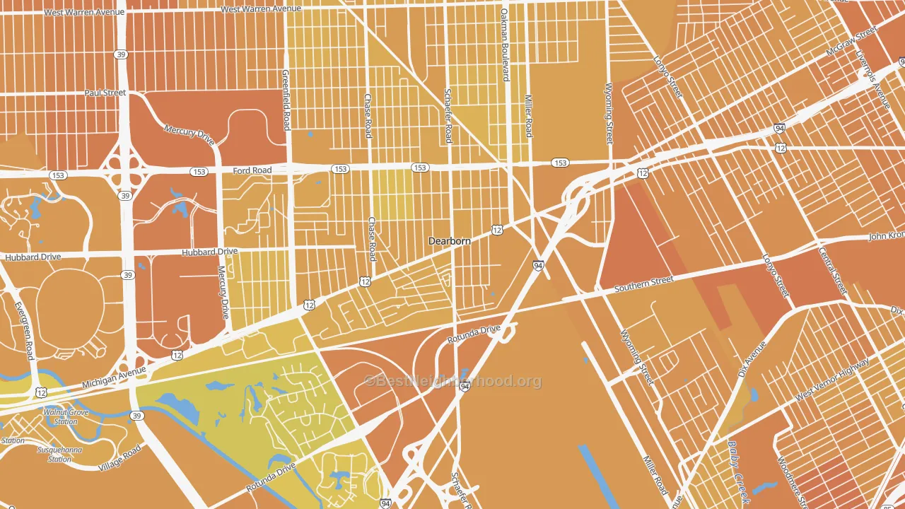 Map of the best neighborhoods in the East Downtown Dearborn, Dearborn area, with better matches in green and worse matches in red