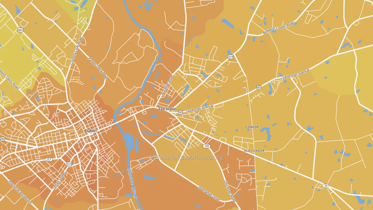 Map of the best neighborhoods in the East Dublin area, with better matches in green and worse matches in red