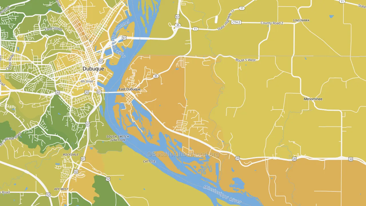 Map of the best neighborhoods in the East Dubuque area, with better matches in green and worse matches in red