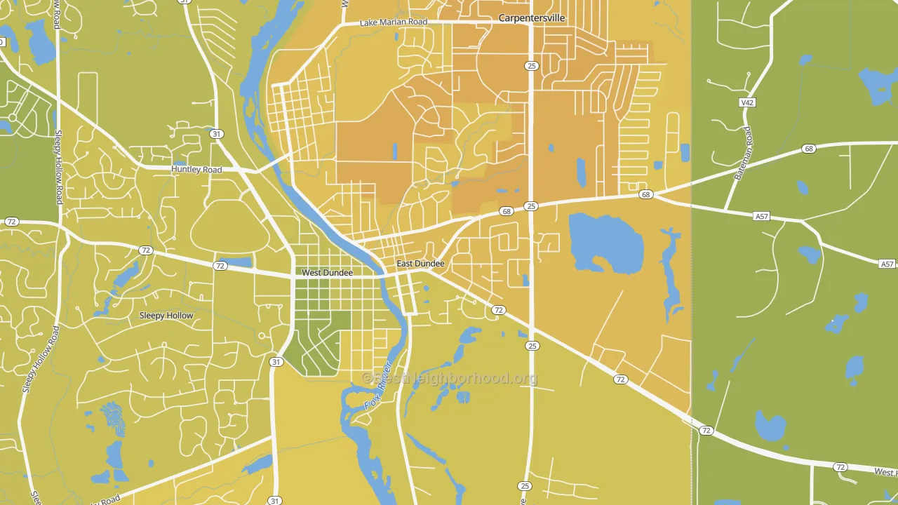 Map of the best neighborhoods in the East Dundee area, with better matches in green and worse matches in red
