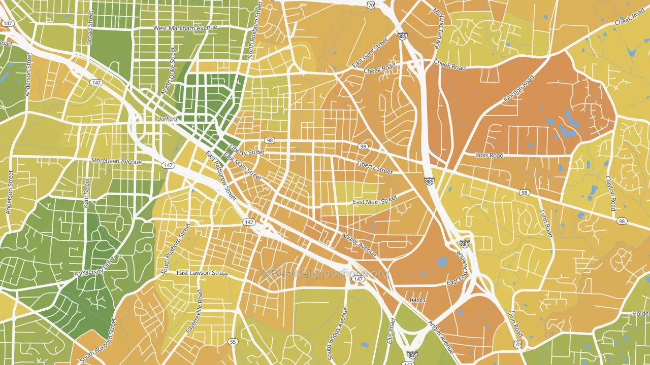Map of the best neighborhoods in the East Durham, Durham area, with better matches in green and worse matches in red