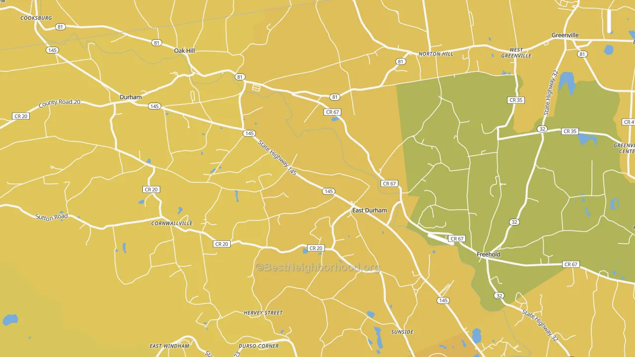 Map of the best neighborhoods in the East Durham area, with better matches in green and worse matches in red