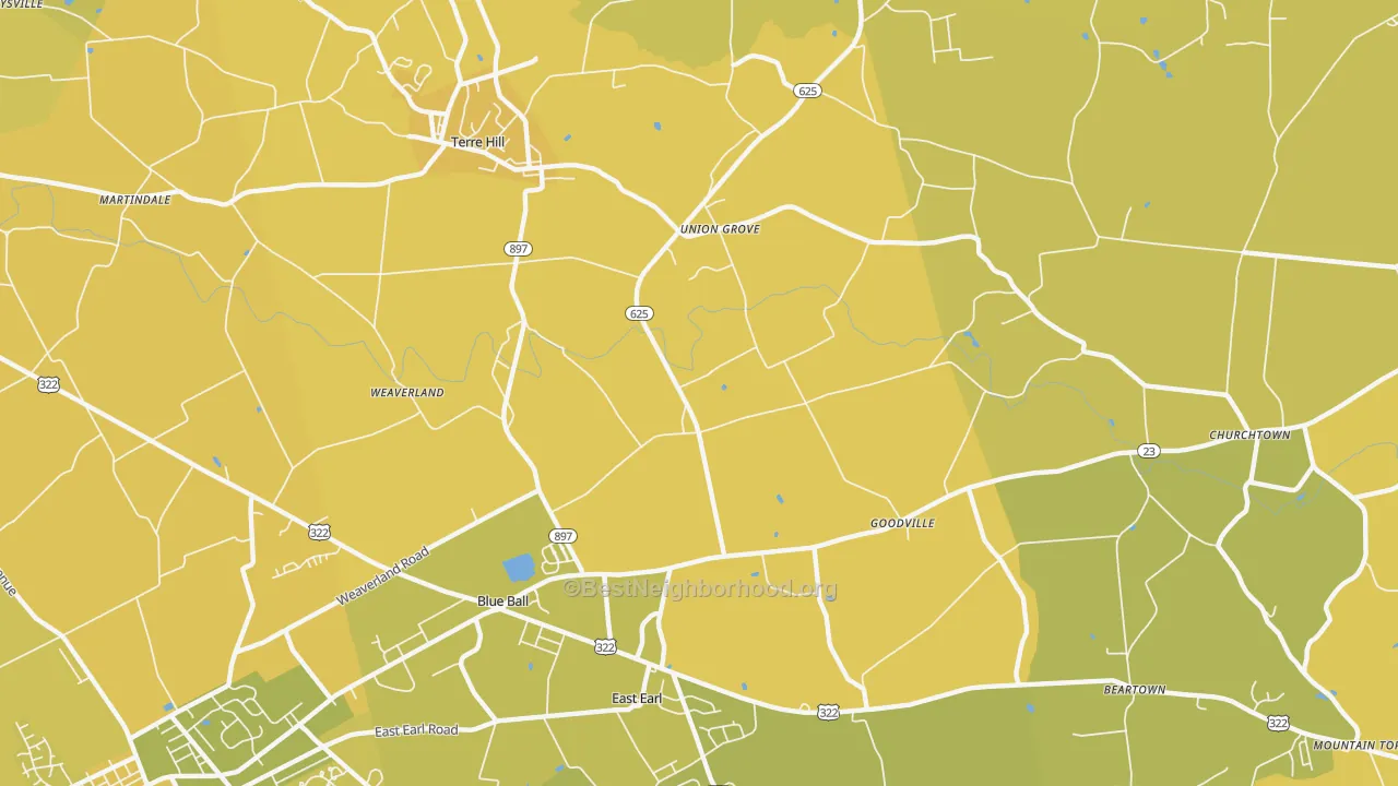 Map of the best neighborhoods in the East Earl area, with better matches in green and worse matches in red