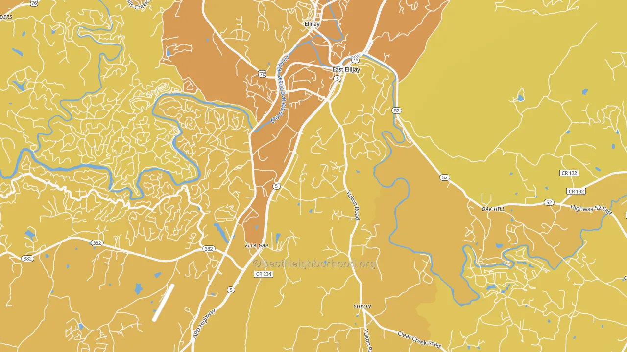 Map of the best neighborhoods in the East Ellijay area, with better matches in green and worse matches in red
