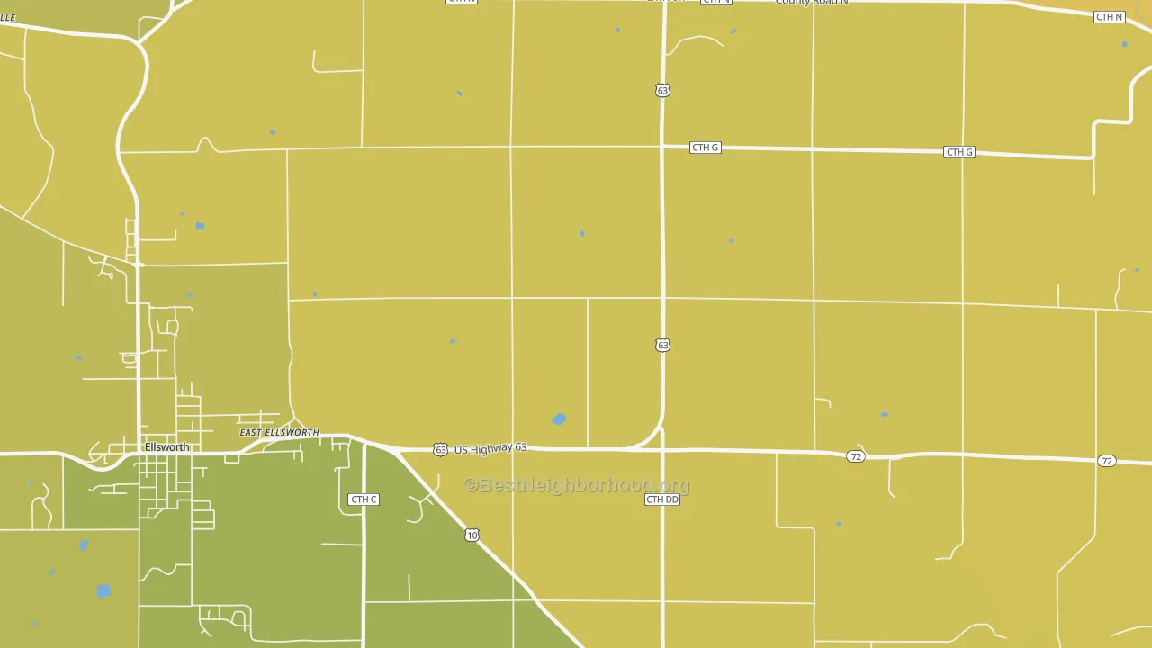 Map of the best neighborhoods in the East Ellsworth area, with better matches in green and worse matches in red