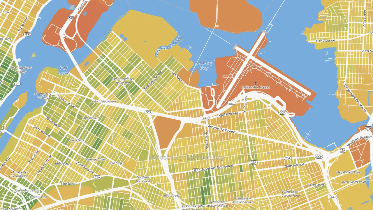 Map of the best neighborhoods in the East Elmhurst, Queens area, with better matches in green and worse matches in red