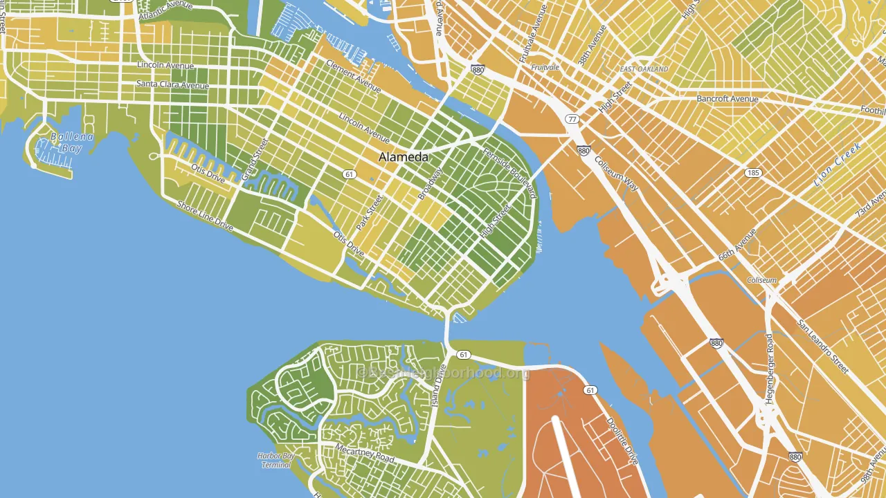 Map of the best neighborhoods in the East End, Alameda area, with better matches in green and worse matches in red