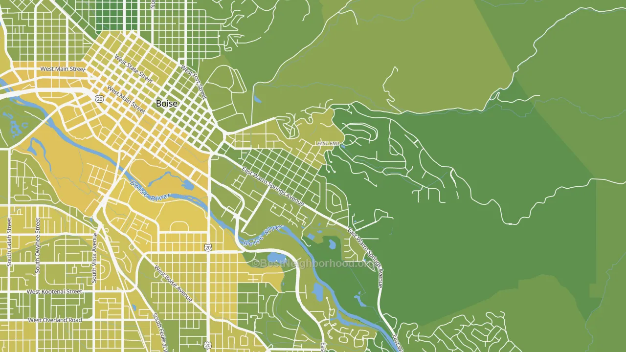 Map of the best neighborhoods in the East End, Boise area, with better matches in green and worse matches in red