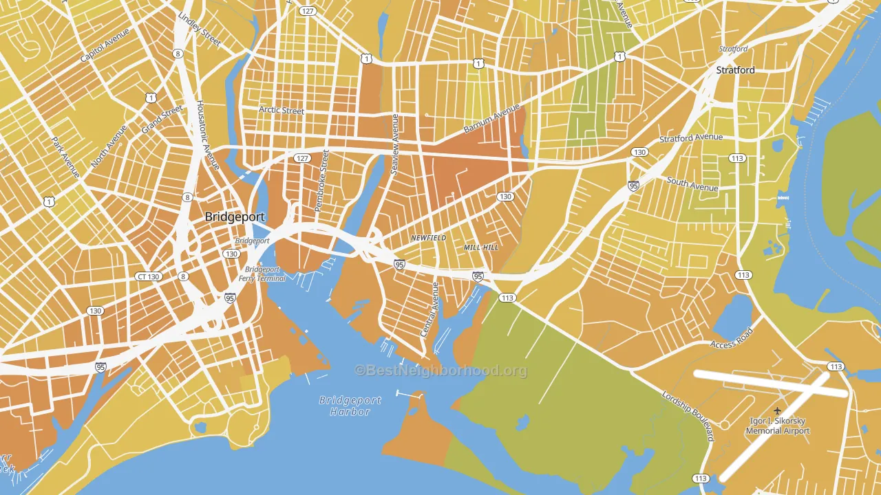 Map of the best neighborhoods in the East End, Bridgeport area, with better matches in green and worse matches in red