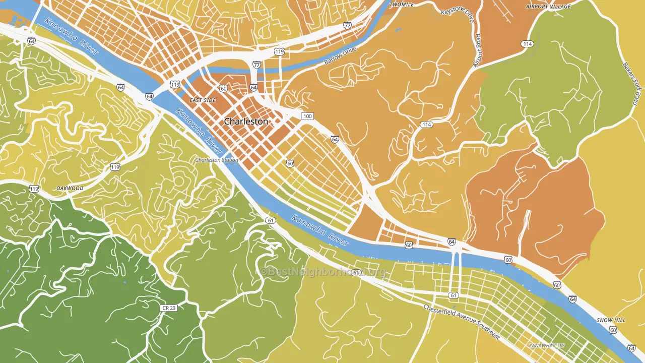 Map of the best neighborhoods in the East End, Charleston area, with better matches in green and worse matches in red