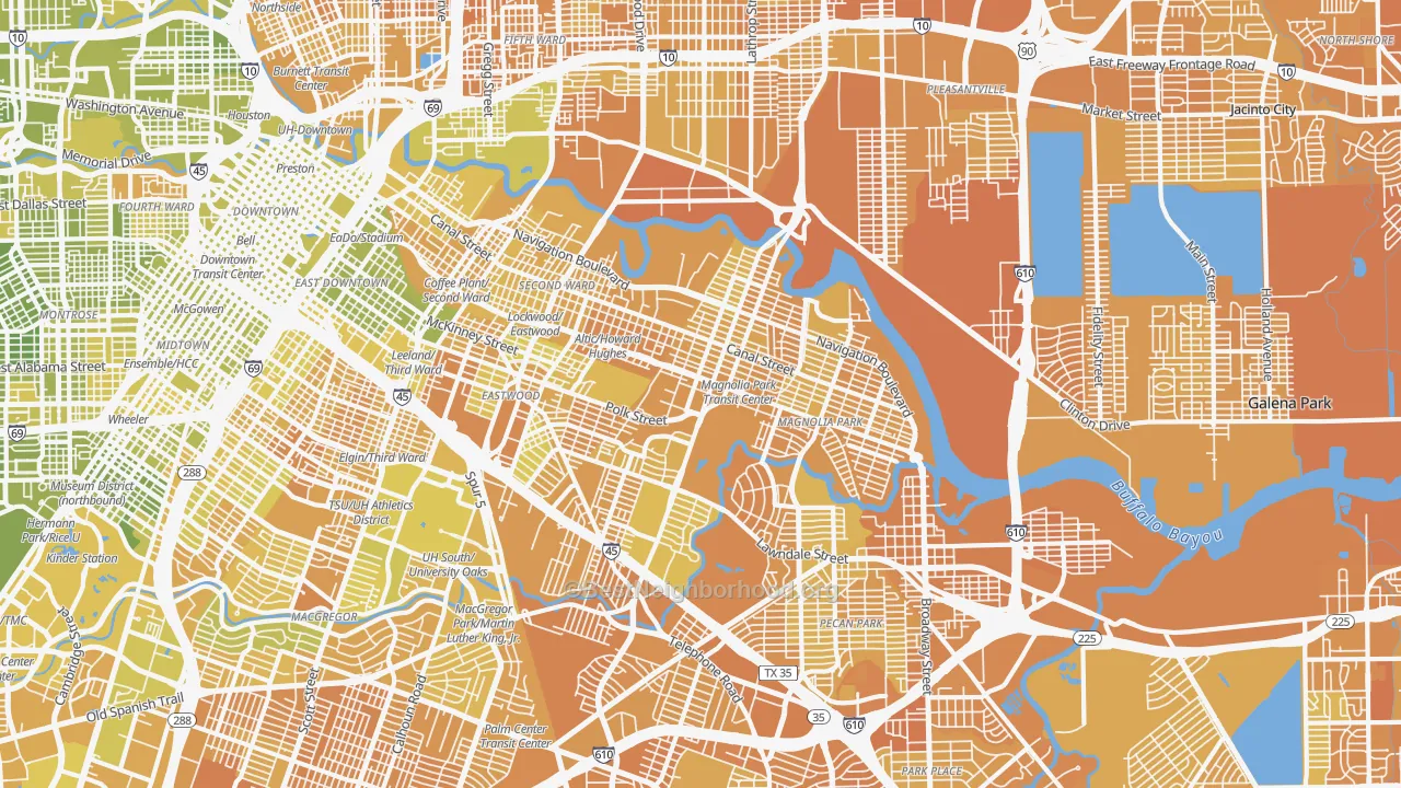 Map of the best neighborhoods in the East End, Houston area, with better matches in green and worse matches in red