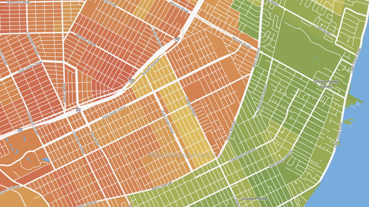 Map of the best neighborhoods in the East English Village, Detroit area, with better matches in green and worse matches in red