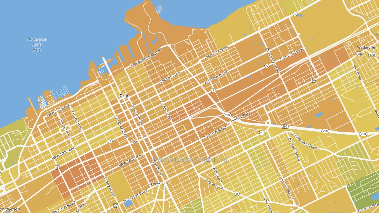 Map of the best neighborhoods in the East Erie, Erie area, with better matches in green and worse matches in red