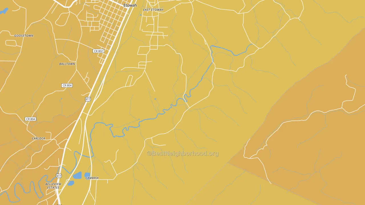 Map of the best neighborhoods in the East Etowah area, with better matches in green and worse matches in red