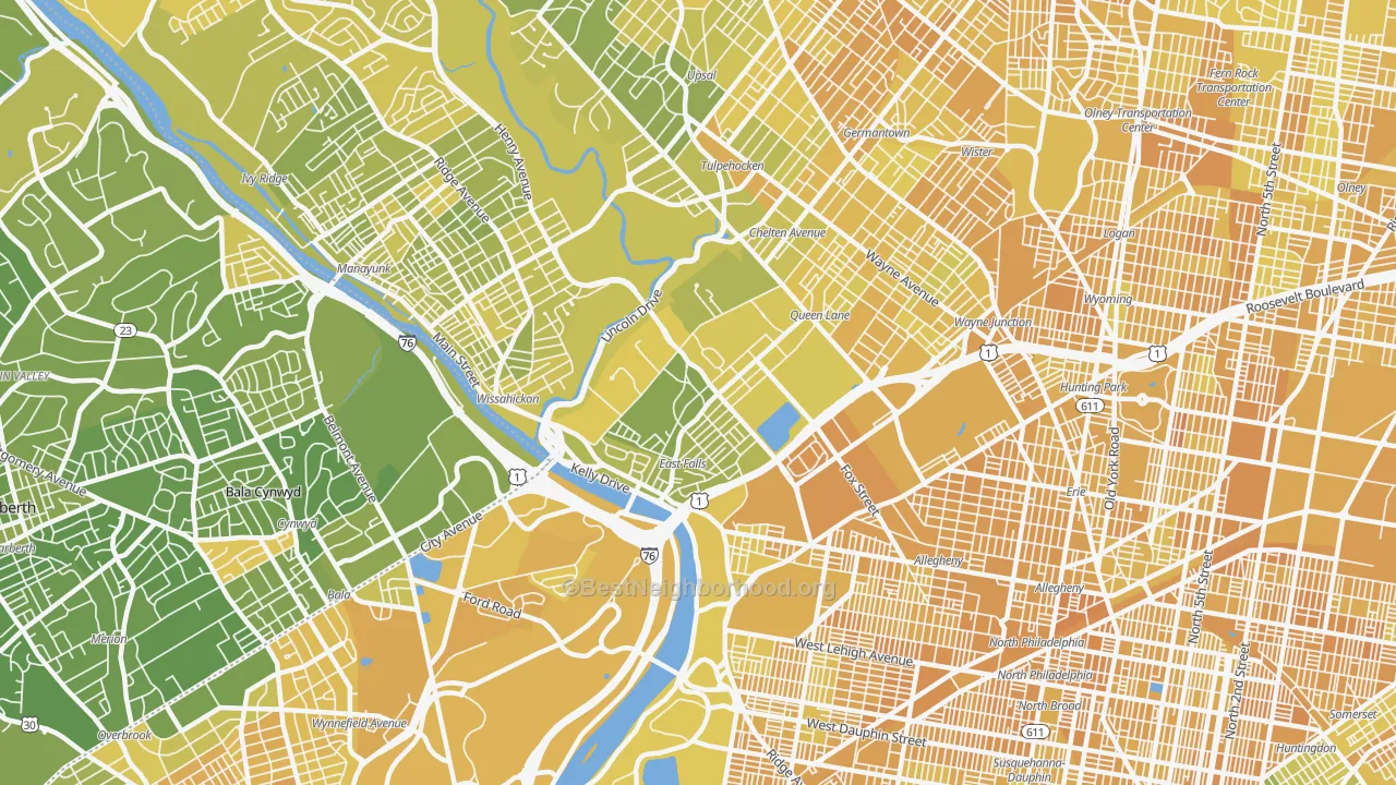 Map of the best neighborhoods in the East Falls, Philadelphia area, with better matches in green and worse matches in red