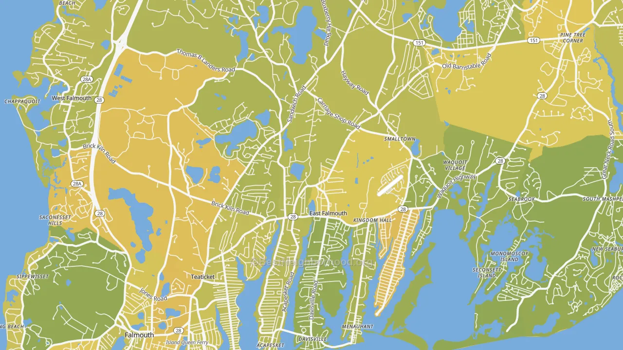 Map of the best neighborhoods in the East Falmouth area, with better matches in green and worse matches in red