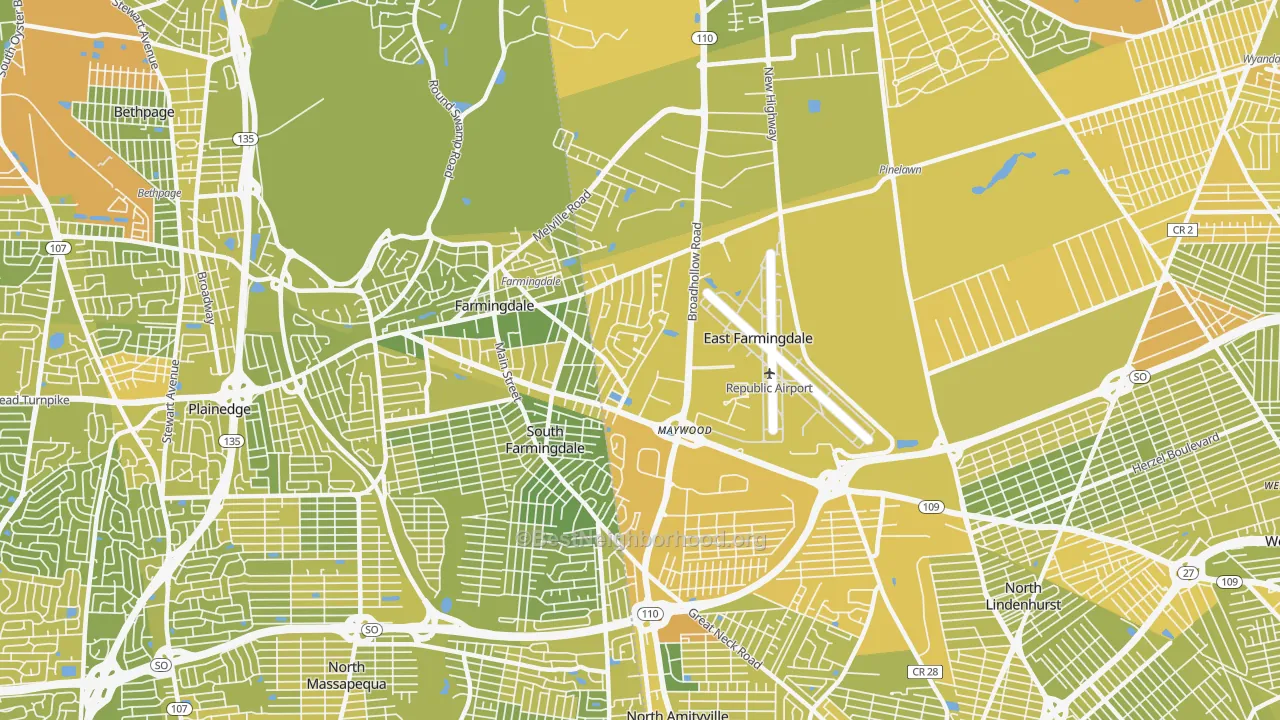Map of the best neighborhoods in the East Farmingdale area, with better matches in green and worse matches in red