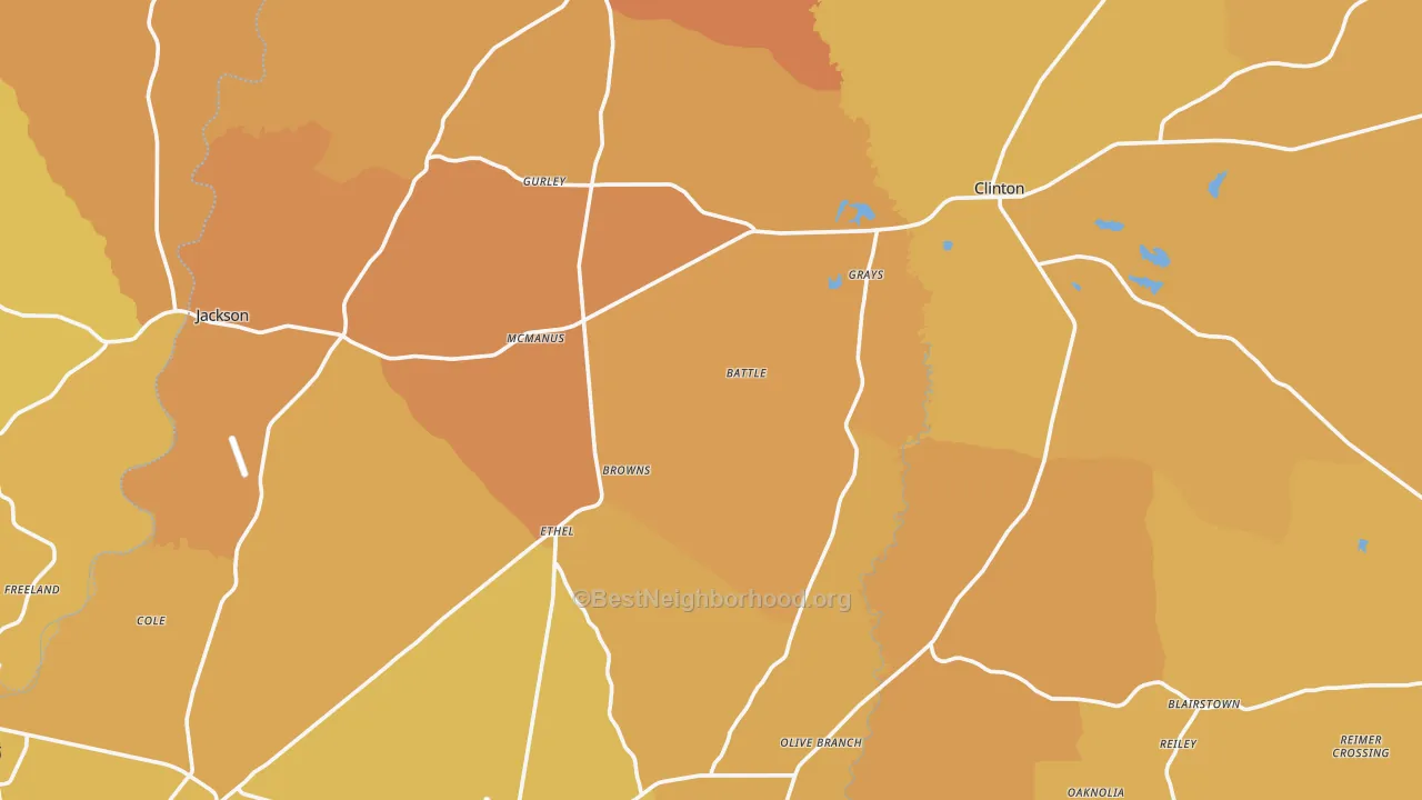 Map of the best neighborhoods in the East Feliciana Parish area, with better matches in green and worse matches in red
