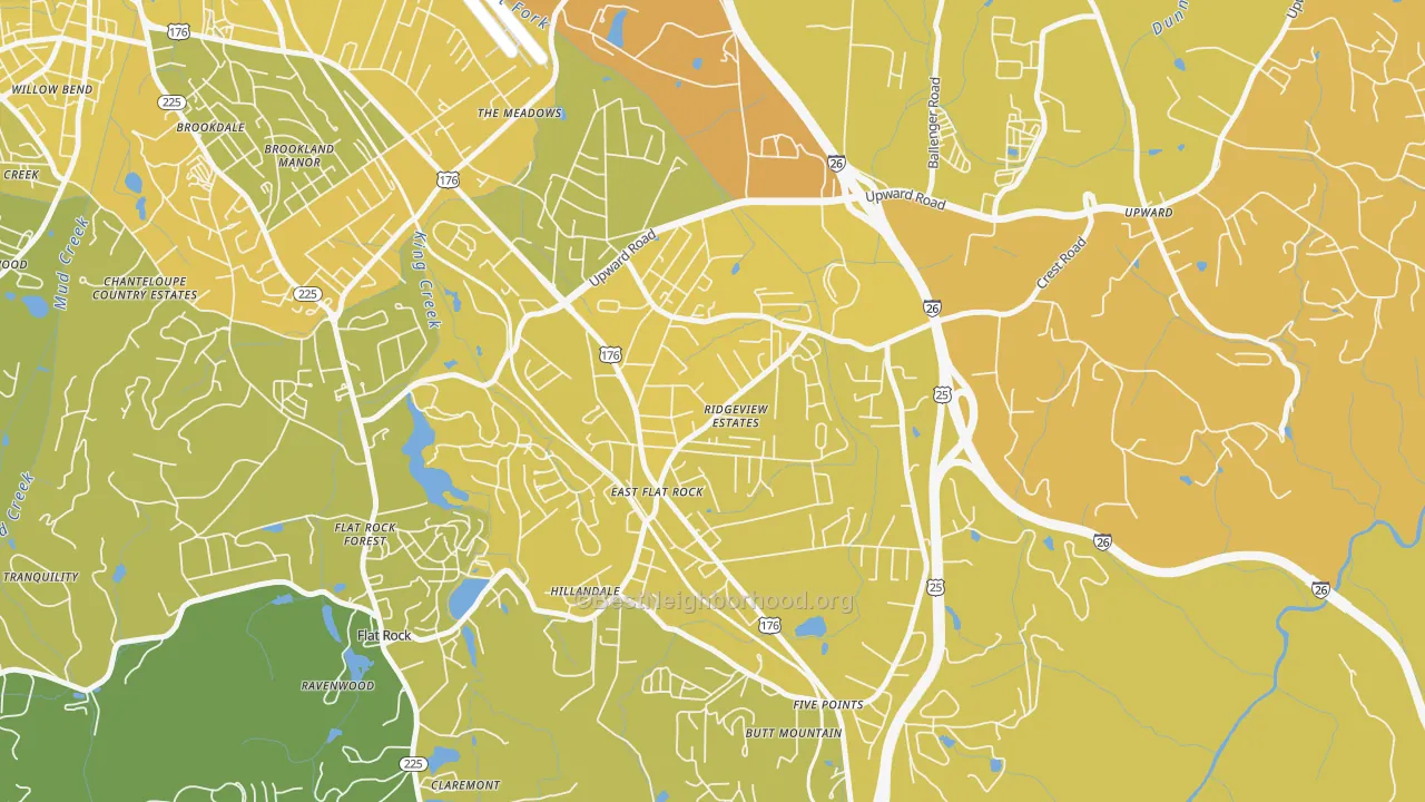 Map of the best neighborhoods in the East Flat Rock area, with better matches in green and worse matches in red