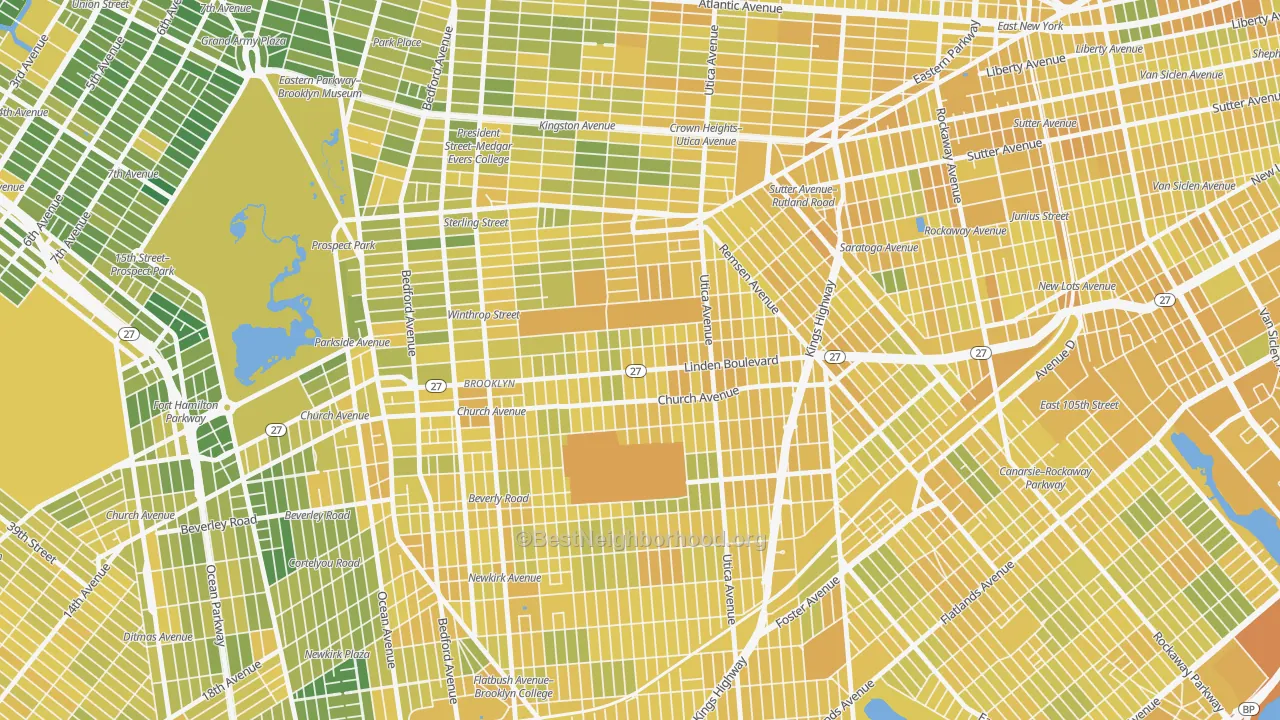 Map of the best neighborhoods in the East Flatbush, Brooklyn area, with better matches in green and worse matches in red