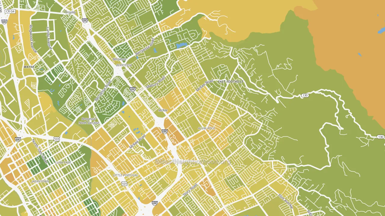Map of the best neighborhoods in the East Foothills, San Jose area, with better matches in green and worse matches in red