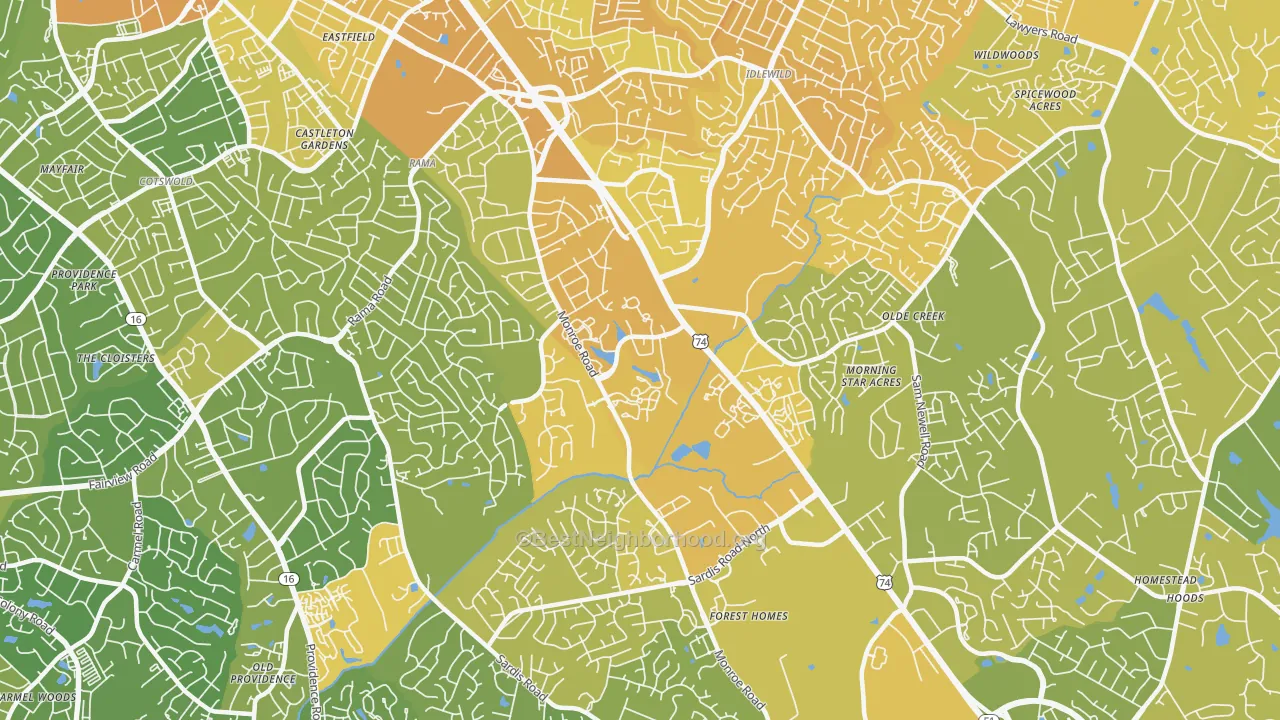Map of the best neighborhoods in the East Forest, Charlotte area, with better matches in green and worse matches in red
