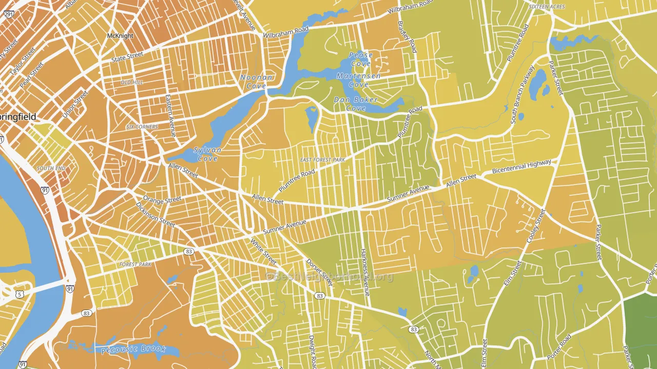 Map of the best neighborhoods in the East Forest Park, Springfield area, with better matches in green and worse matches in red