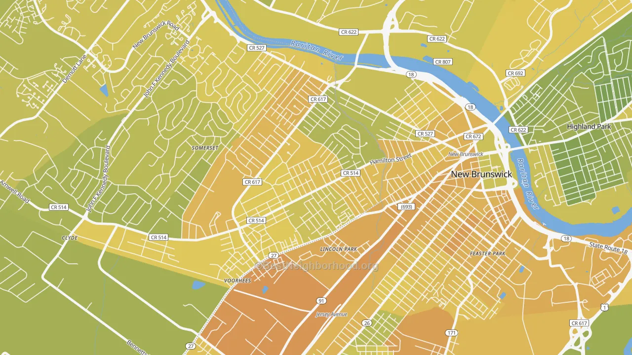 Map of the best neighborhoods in the East Franklin area, with better matches in green and worse matches in red