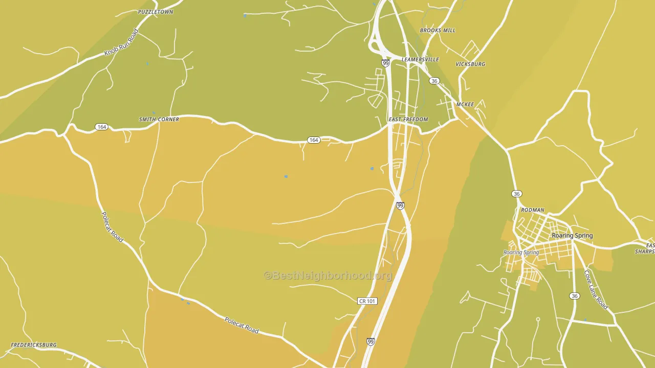 Map of the best neighborhoods in the East Freedom area, with better matches in green and worse matches in red
