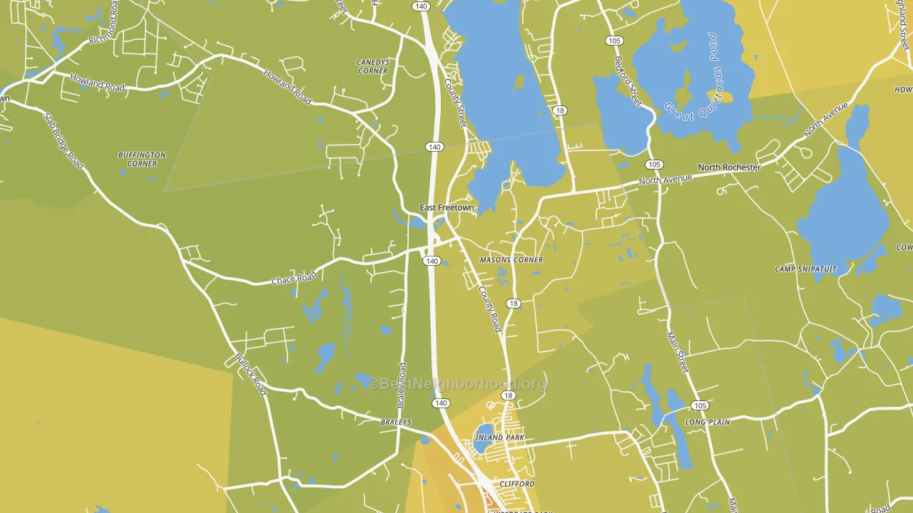 Map of the best neighborhoods in the East Freetown area, with better matches in green and worse matches in red