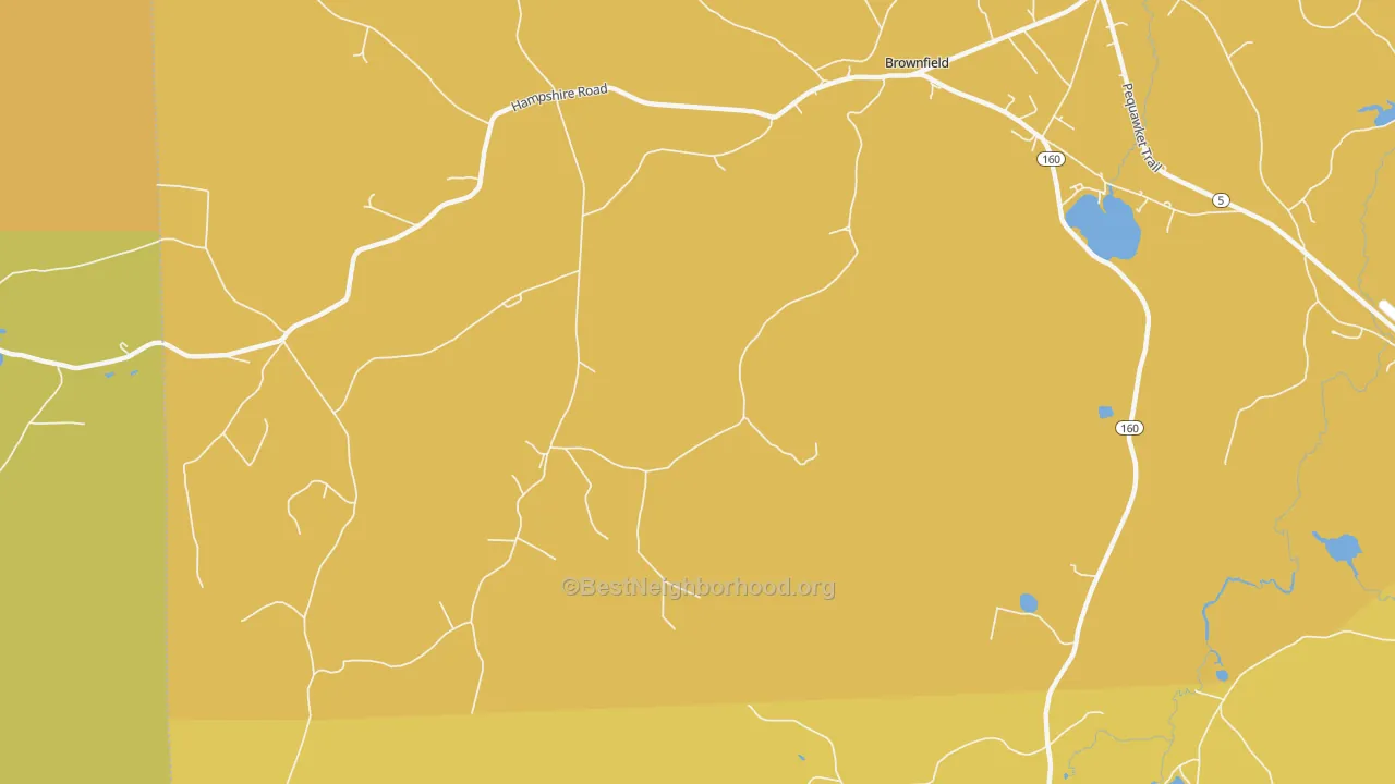 Map of the best neighborhoods in the East Fryeburg area, with better matches in green and worse matches in red