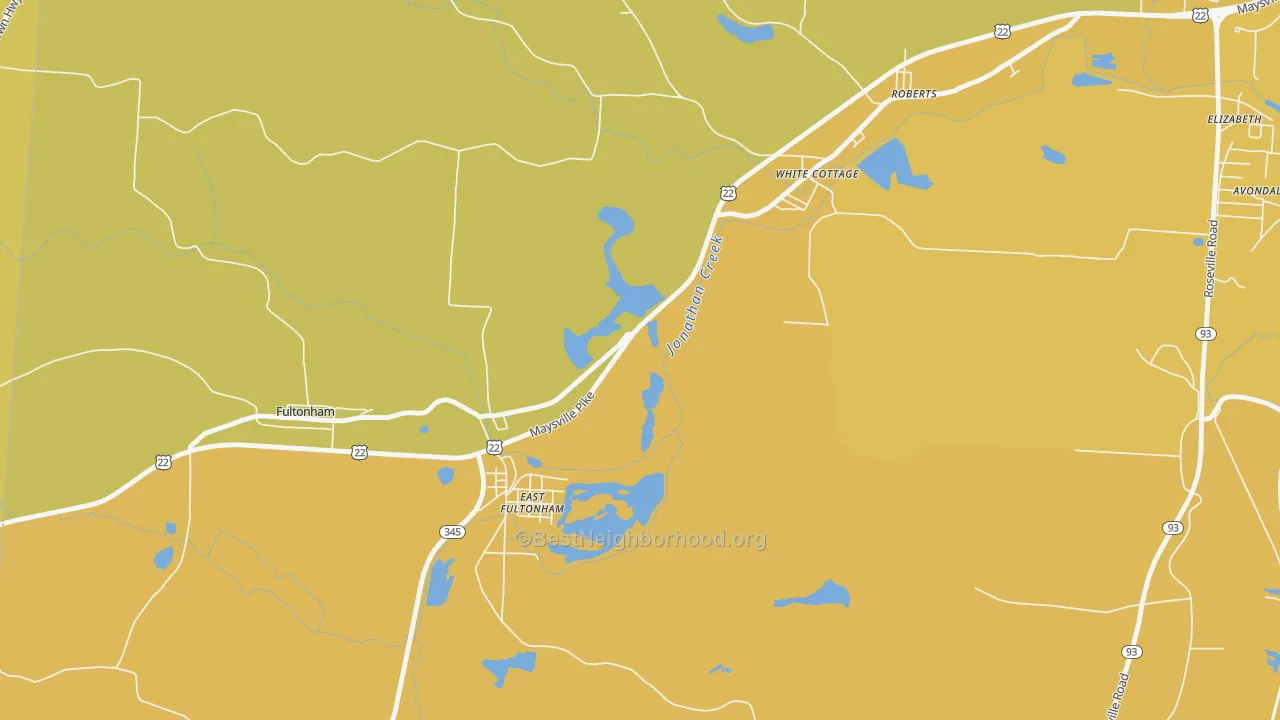 Map of the best neighborhoods in the East Fultonham area, with better matches in green and worse matches in red