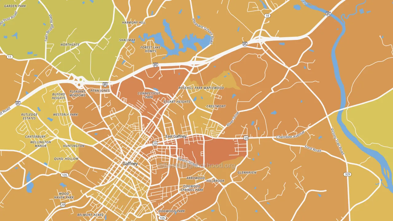 Map of the best neighborhoods in the East Gaffney area, with better matches in green and worse matches in red