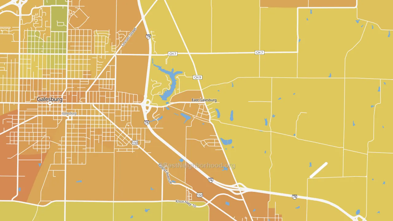 Map of the best neighborhoods in the East Galesburg area, with better matches in green and worse matches in red