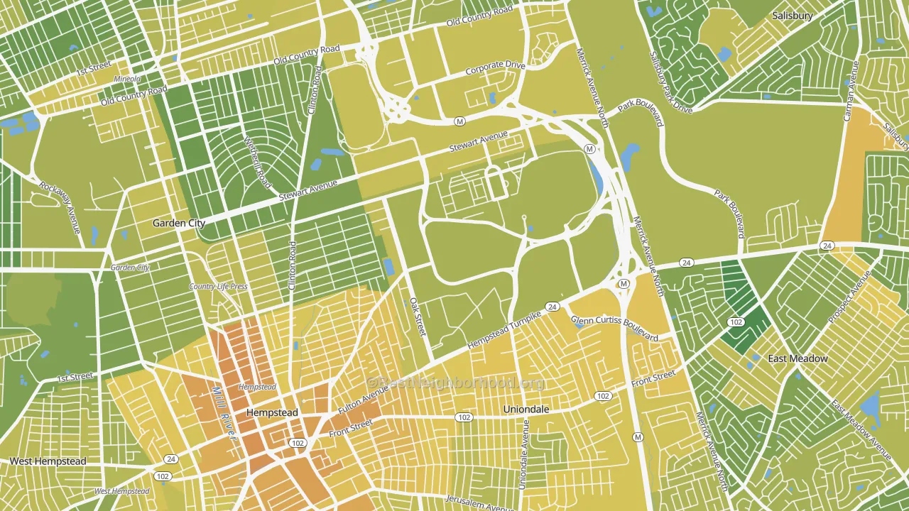 Map of the best neighborhoods in the East Garden City area, with better matches in green and worse matches in red