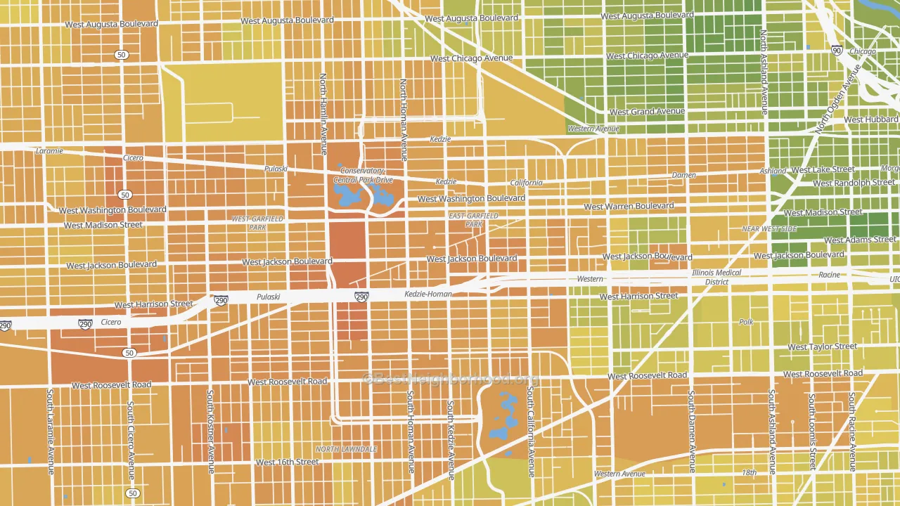Map of the best neighborhoods in the East Garfield Park, Chicago area, with better matches in green and worse matches in red