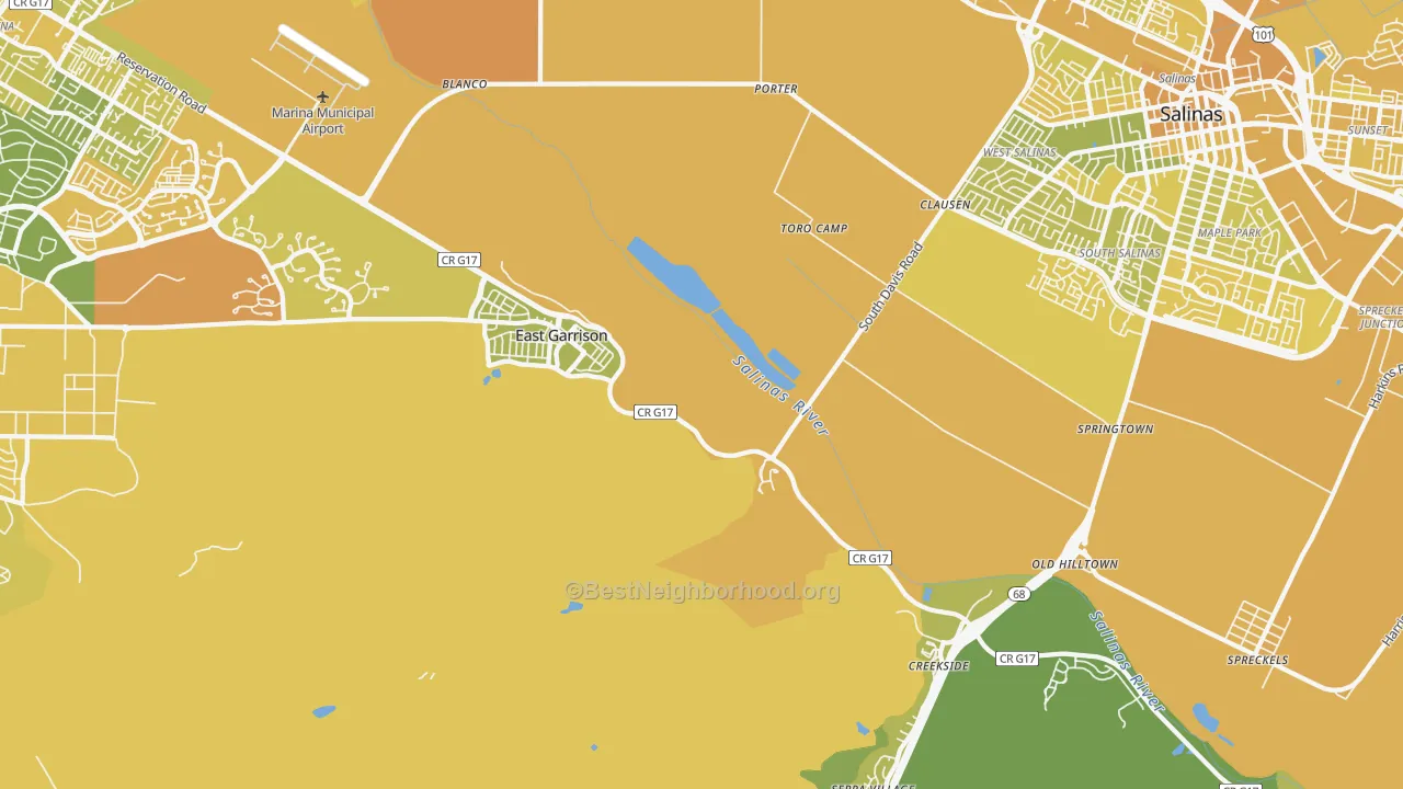 Map of the best neighborhoods in the East Garrison area, with better matches in green and worse matches in red
