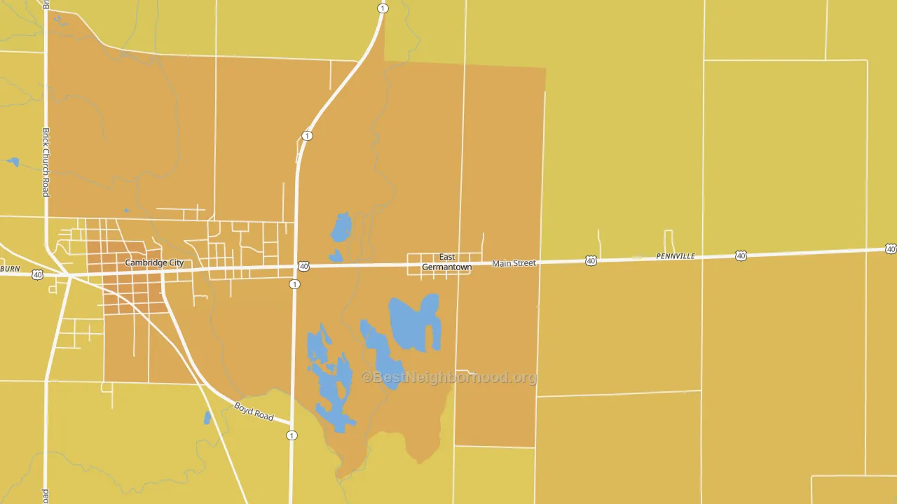 Map of the best neighborhoods in the East Germantown area, with better matches in green and worse matches in red