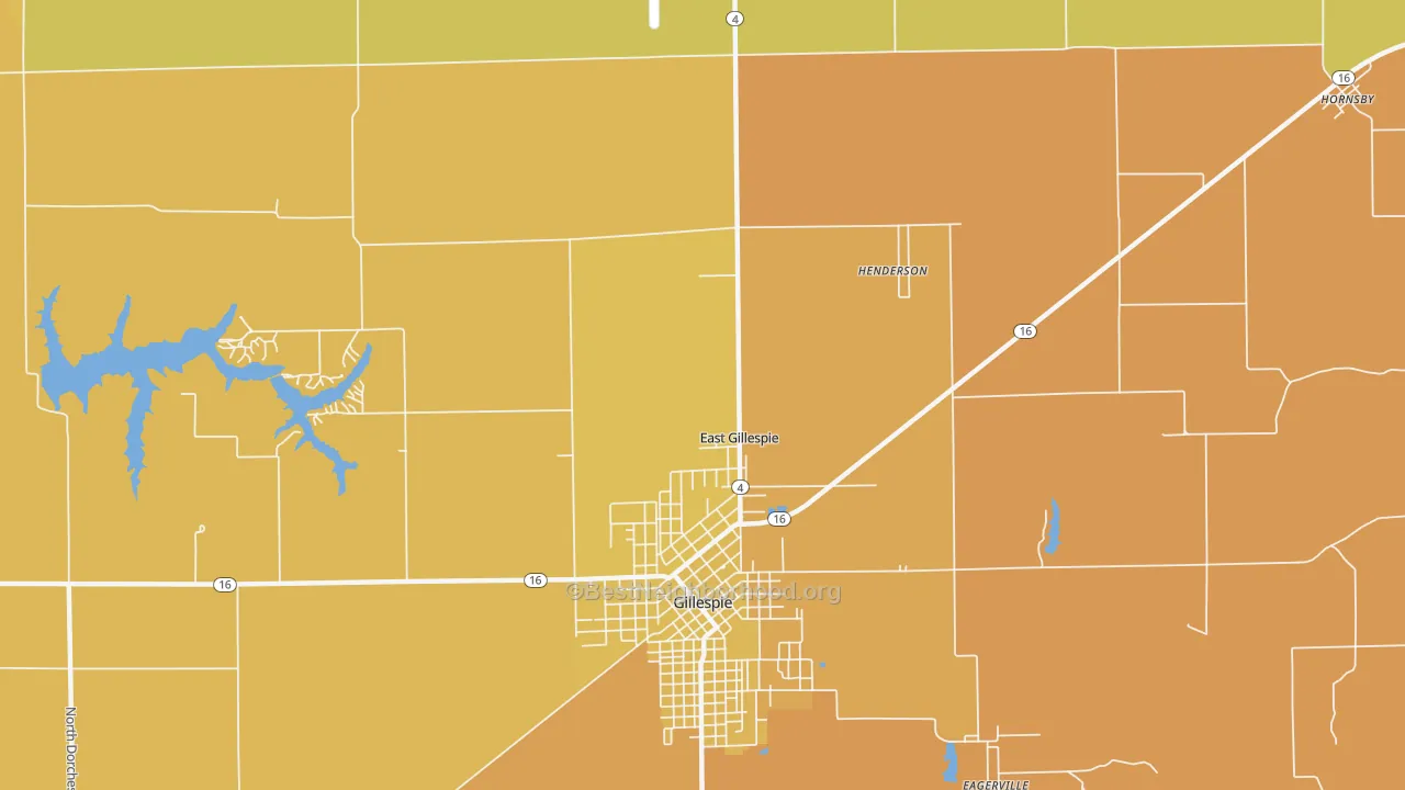 Map of the best neighborhoods in the East Gillespie area, with better matches in green and worse matches in red