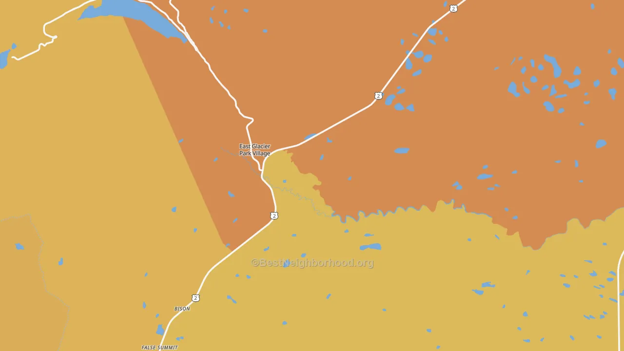 Map of the best neighborhoods in the East Glacier Park area, with better matches in green and worse matches in red